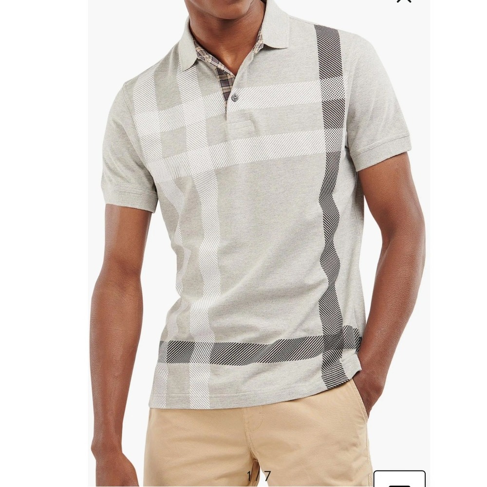Barbour Mens Grey Graphic Check Polo T-Shirt L MML1117GY52 Cotton Preppy Classy